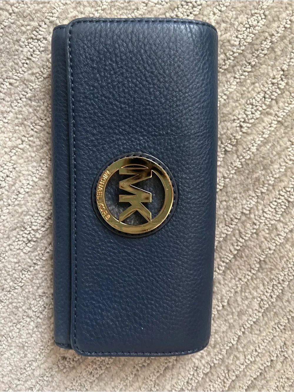 Michael Kors Midnight Blue Pebbled Leather Wallet with Gold MK Emblem